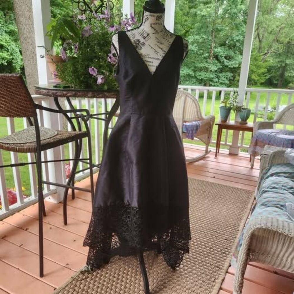 Monique Lhuillier Black Lace Dress, High Low Formal Gown Sz 8, Cocktail Evening - Picture 7 of 10